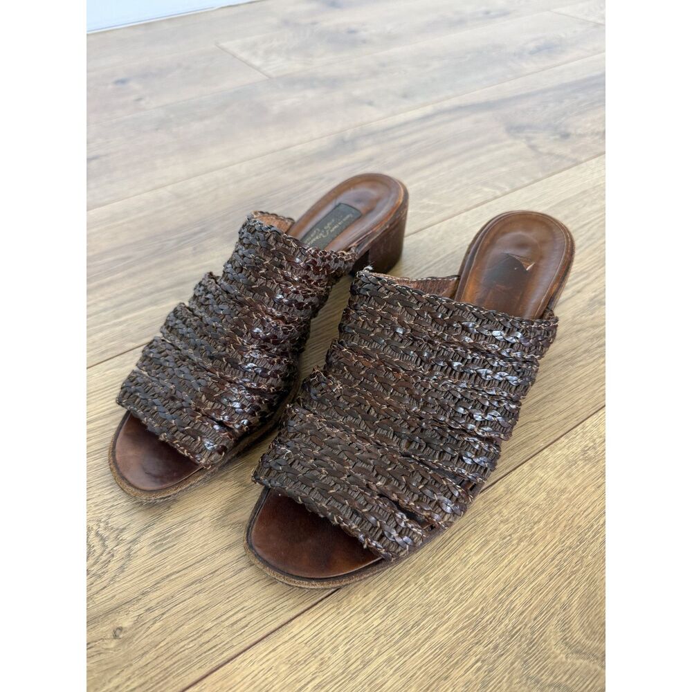 SESTO MEUCCI 8.5 Woven Leather Flat Shoes Italian Brown Mule Sandal Slide